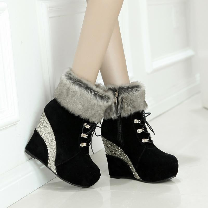 Kawaii glitter wedge fur boots platform booties