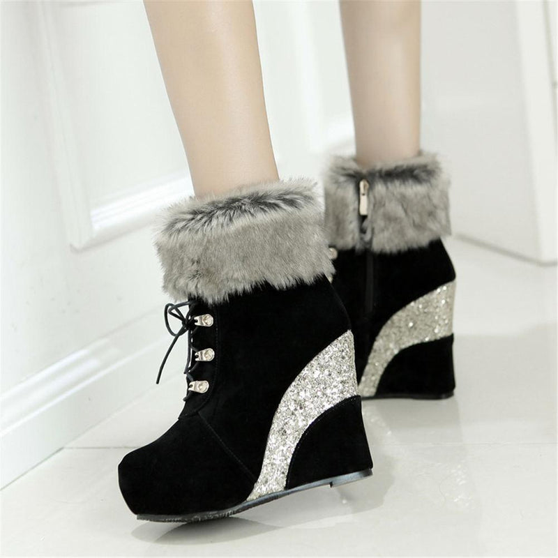 Kawaii glitter wedge fur boots platform booties