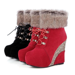 Kawaii glitter wedge fur boots platform booties