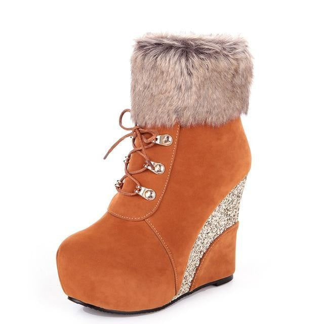 Kawaii glitter wedge fur boots platform booties