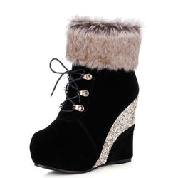 Kawaii glitter wedge fur boots platform booties