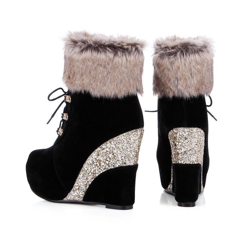 Kawaii glitter wedge fur boots platform booties