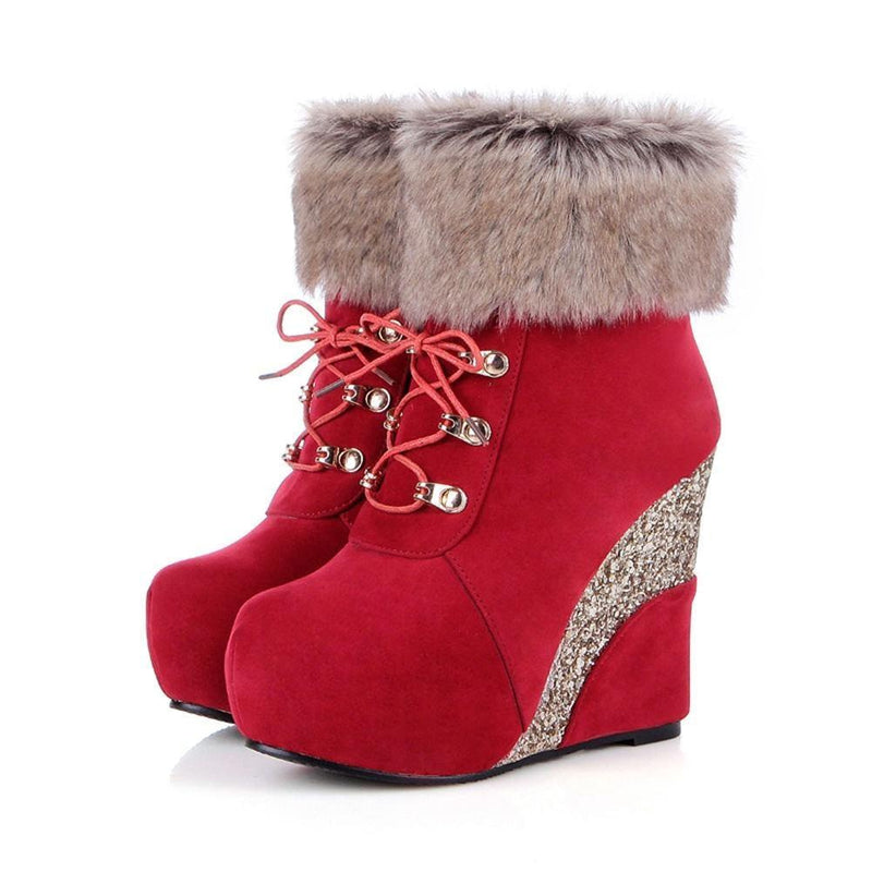 Kawaii glitter wedge fur boots platform booties