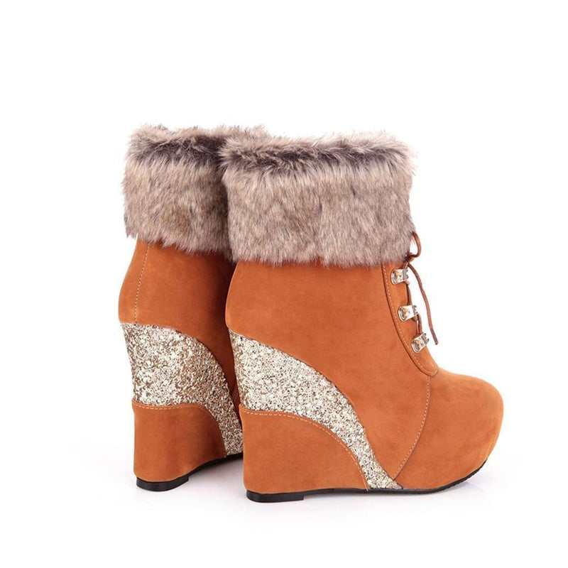 Kawaii glitter wedge fur boots platform booties