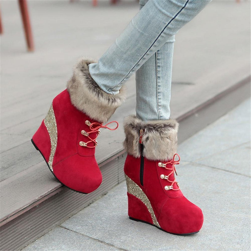 Kawaii glitter wedge fur boots platform booties