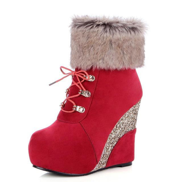 Kawaii glitter wedge fur boots platform booties