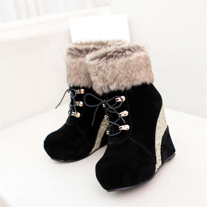 Kawaii glitter wedge fur boots platform booties