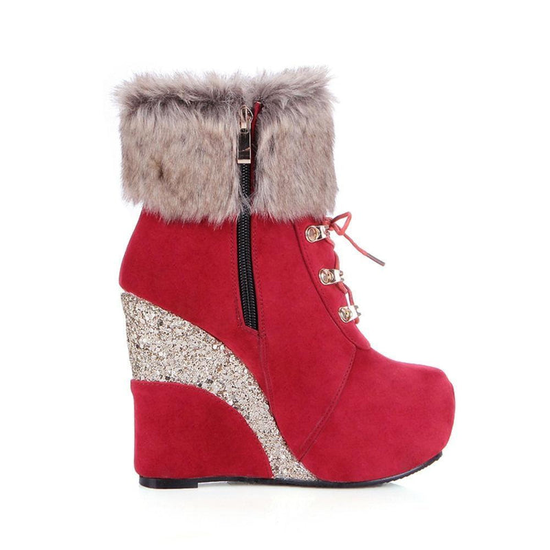 Kawaii glitter wedge fur boots platform booties