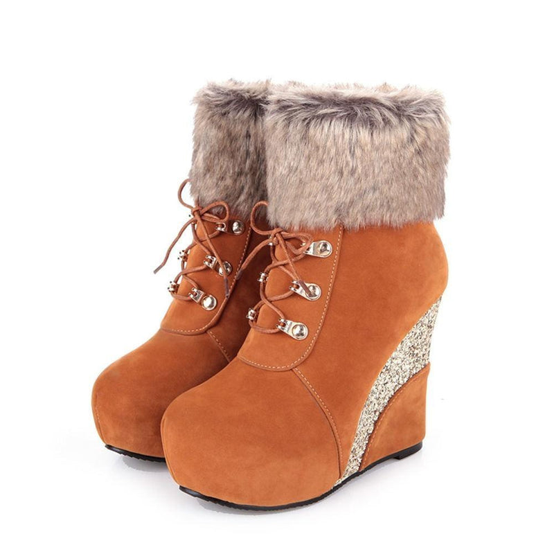 Kawaii glitter wedge fur boots platform booties