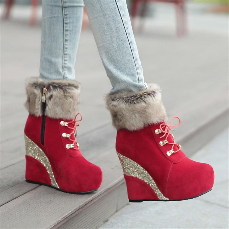 Kawaii glitter wedge fur boots platform booties