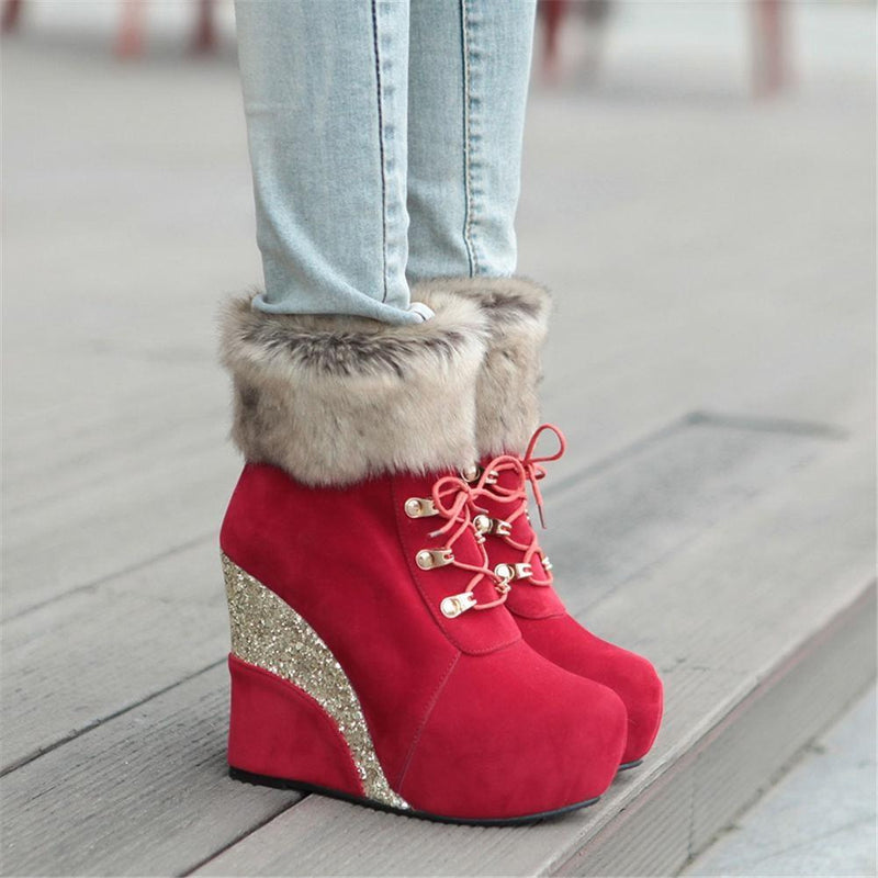 Kawaii glitter wedge fur boots platform booties