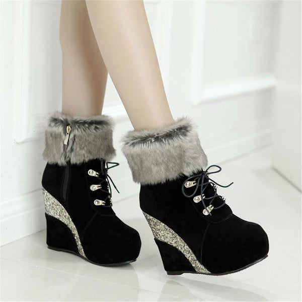 Kawaii glitter wedge fur boots platform booties