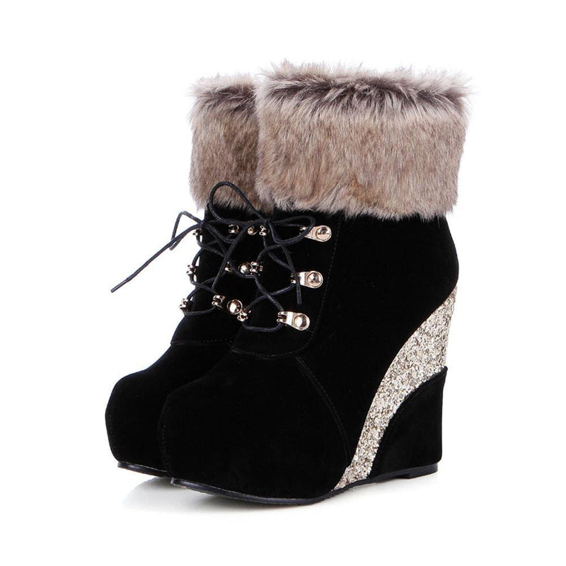 Kawaii glitter wedge fur boots platform booties