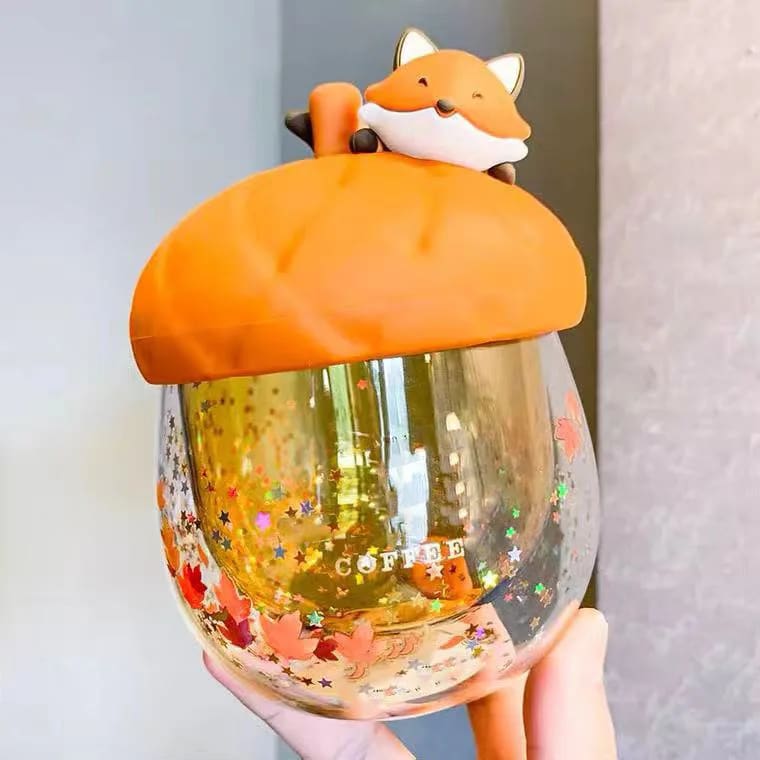 Kawaii glittery kitsune fox orange acorn mug cup