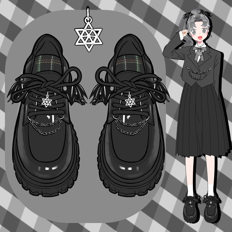 Glossy black pentagram mary janes - footwear - goth - gothic - kawaii - shoes