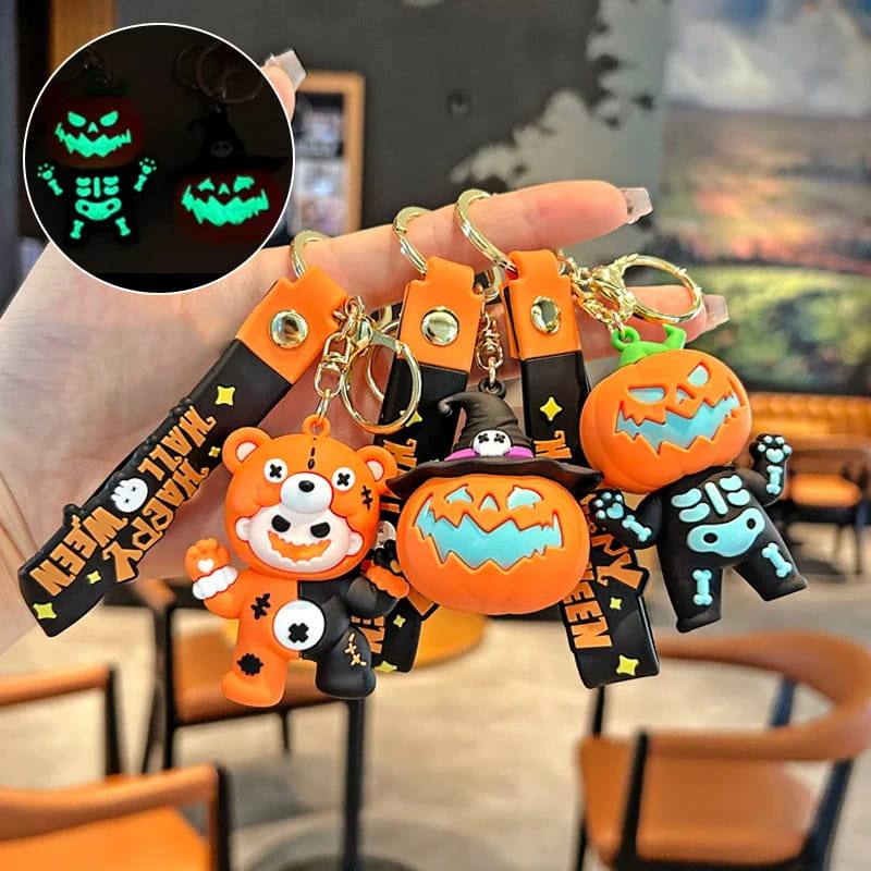 Glow in the dark Halloween keychains with pumpkins bears and skeletons