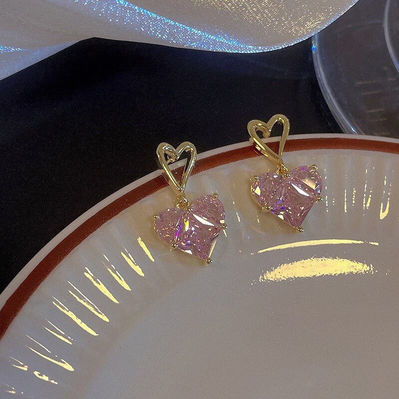 Golden pink heart jewelry set - earrings - heart - hearts - jeweled - jewelry