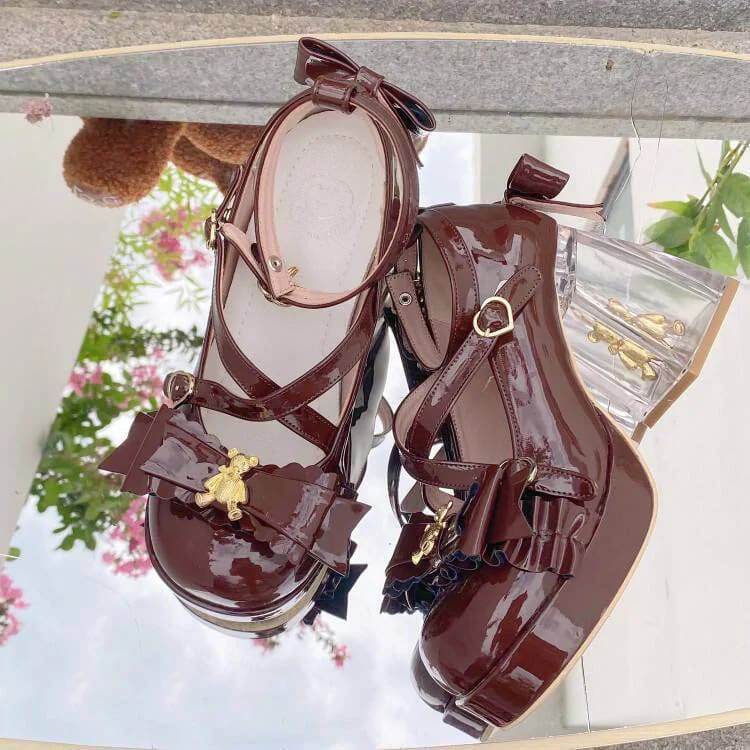 Kawaii golden teddy bear clear high heel mary janes pumps