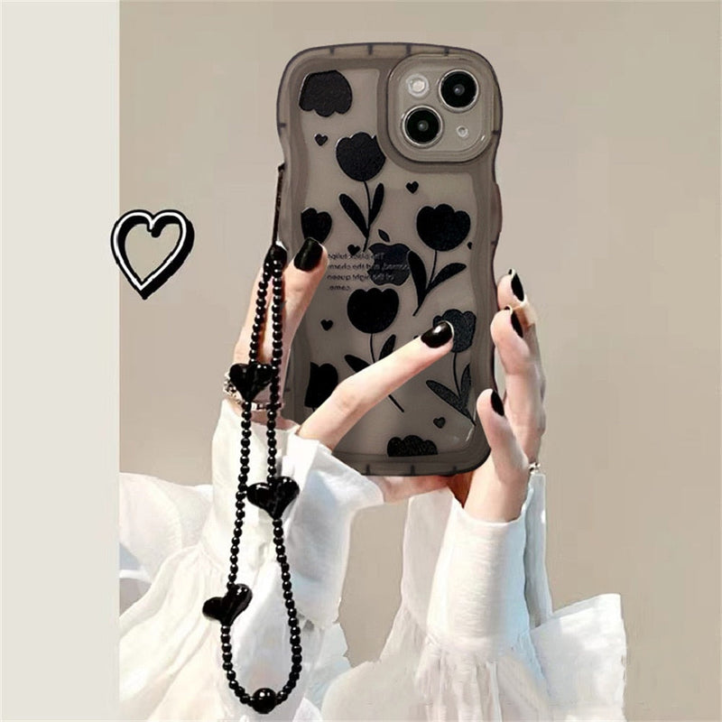 Gothic Black Tulip iPhone Case With Black Hearts Chain | Kawaii Babe Gothic Black Tulip iPhone Case With Black Hearts Chain | Kawaii Babe