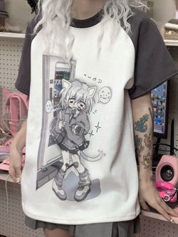 Grey neko girl detachable sleeve tee - anime - kawaii - long sleeve - neko - shirt