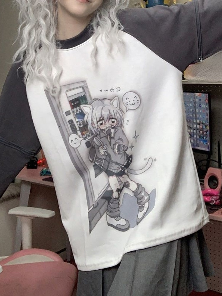 Grey neko girl detachable sleeve tee - anime - kawaii - long sleeve - neko - shirt