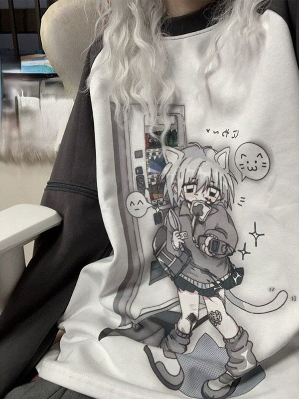 Grey neko girl detachable sleeve tee - anime - kawaii - long sleeve - neko - shirt