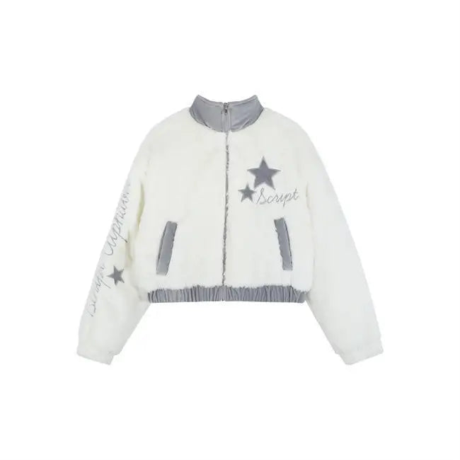Grey & White Ultra Fuzzy Star Zip Up Jacket Coat – Kawaii Babe
