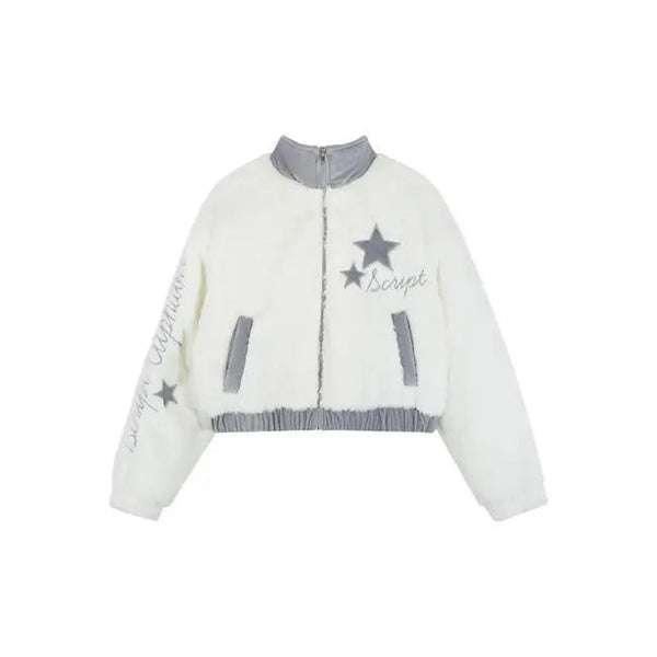 Kawaii grey & white ultra fuzzy star zip up jacket coat