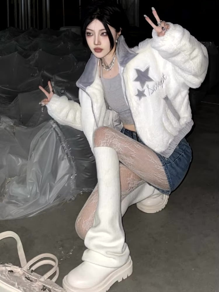 Kawaii grey & white ultra fuzzy star zip up jacket coat