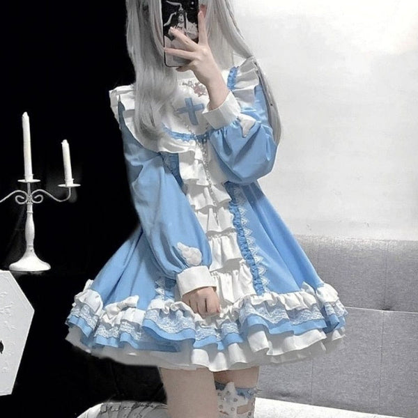 Hail mary ruffled blue dress - blue - cross - dress - kawaii - lace