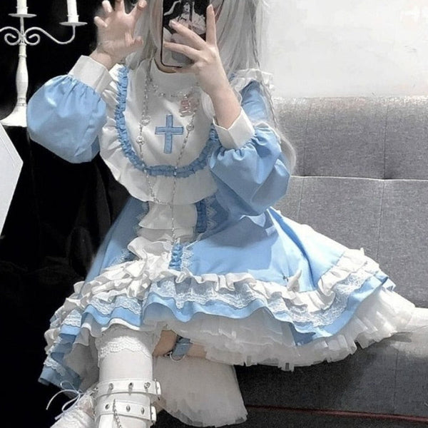 Hail mary ruffled blue dress - blue - cross - dress - kawaii - lace