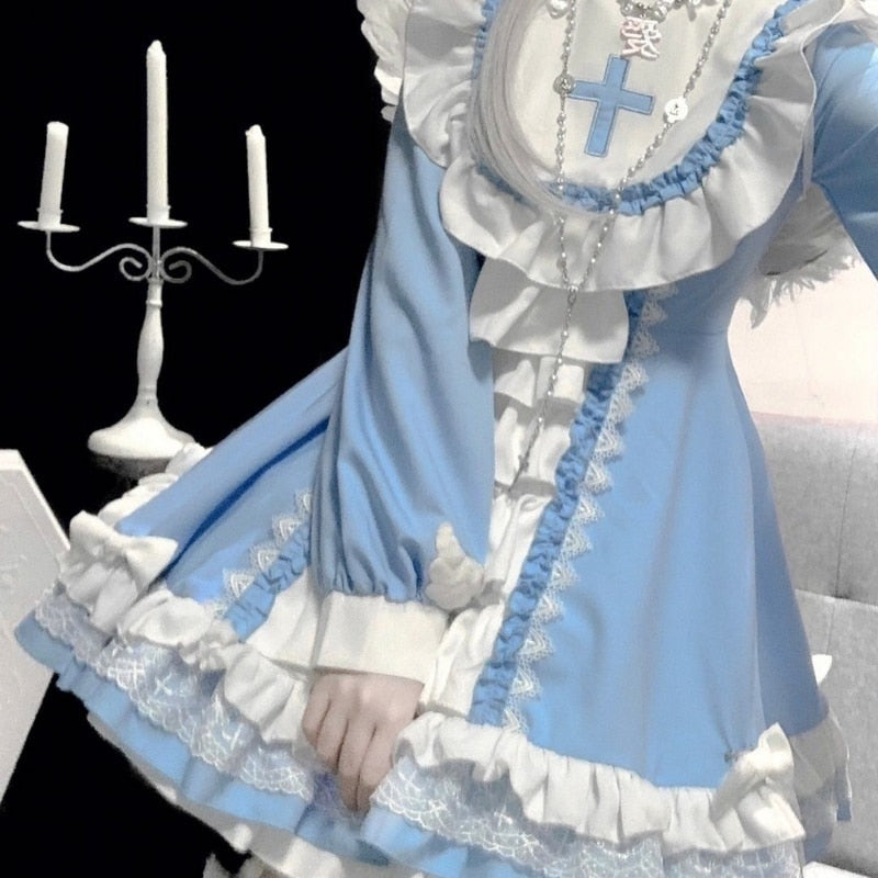 Hail mary ruffled blue dress - blue - cross - dress - kawaii - lace