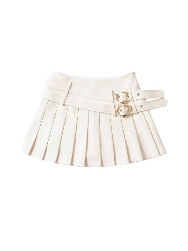 Heart Buckle Pleated Skirt - belt buckle, pleated, pleated skirt, skirts