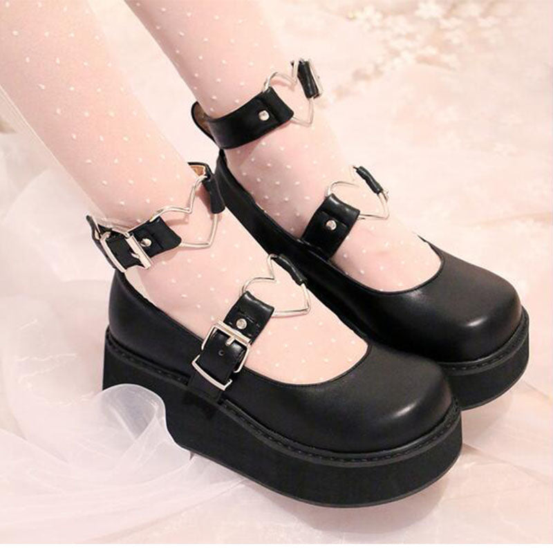 Heart buckle wedge shoes - ankle straps - buckle - shoes - buckles - flat