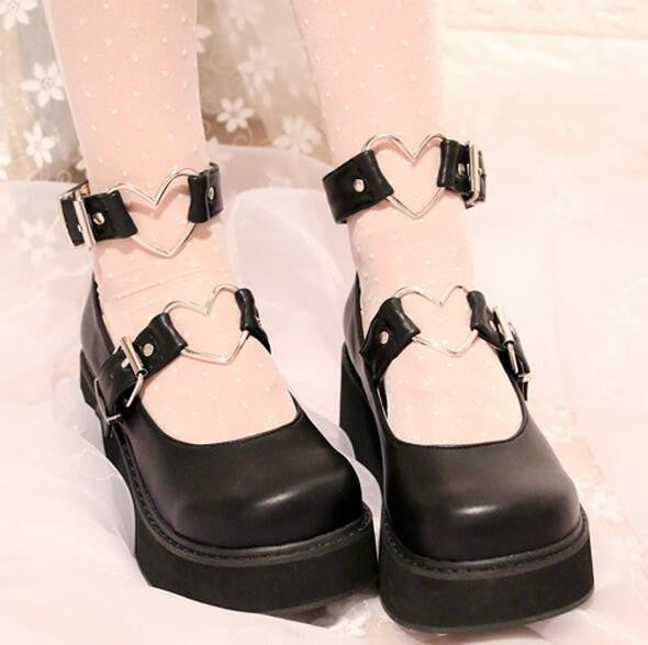 Heart buckle wedge shoes - ankle straps - buckle - shoes - buckles - flat