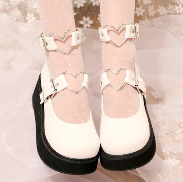 Heart buckle wedge shoes - ankle straps - buckle - shoes - buckles - flat