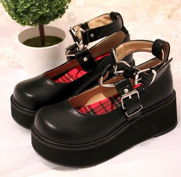 Heart buckle wedge shoes - ankle straps - buckle - shoes - buckles - flat