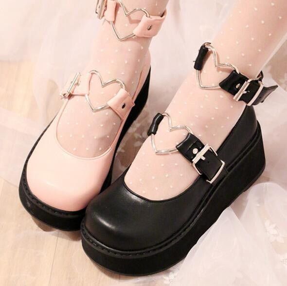 Heart buckle wedge shoes - ankle straps - buckle - shoes - buckles - flat