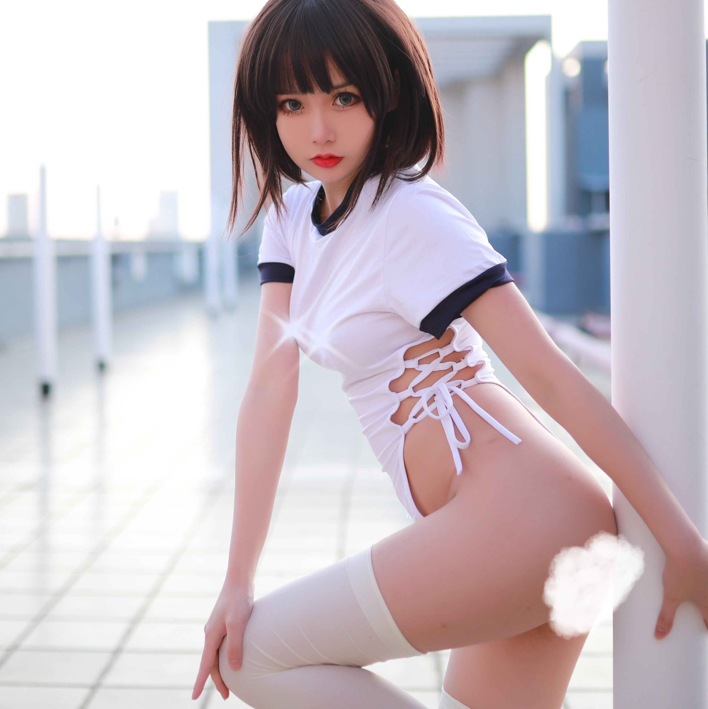 High Slit White Bodysuit Lace Up Onesie T-shirt | Kawaii Babe