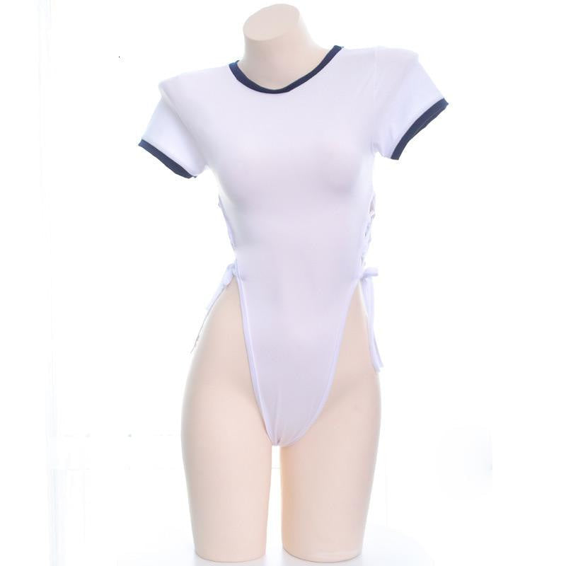 High Slit White Bodysuit Lace Up Onesie T-shirt | Kawaii Babe High Slit White Bodysuit Lace Up Onesie T-shirt | Kawaii Babe