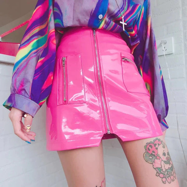 Hot vinyl miniskirt - cargo skirt - clothing - little - miniskirt - pink latex