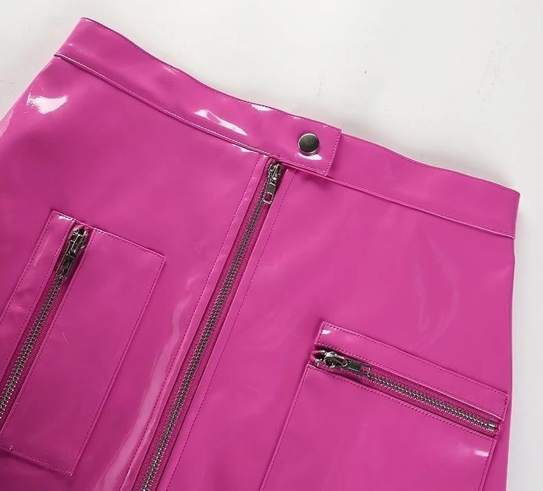 Hot vinyl miniskirt - cargo skirt - clothing - little - miniskirt - pink latex