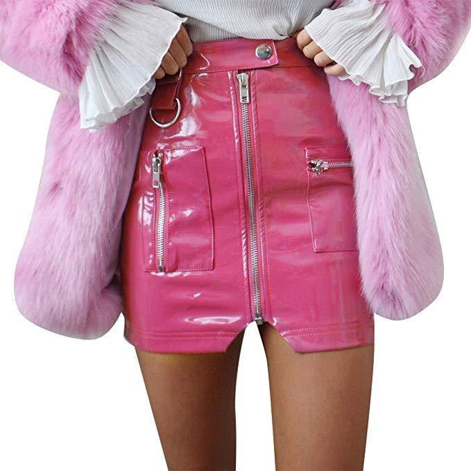 Hot vinyl miniskirt - cargo skirt - clothing - little - miniskirt - pink latex