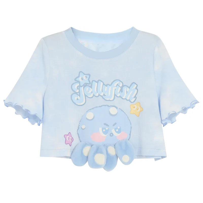 Jellyfish blue tee - anime - shirt - blow bubbles - crop