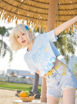 Jellyfish blue tee - anime - shirt - blow bubbles - crop