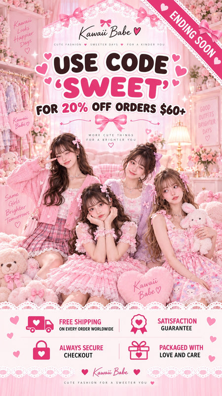 Kawaii Babe models in pastel lace dresses and pink and lavender cardigans. Use code SWEET for 20% off orders $60+. Free shipping worldwide.
