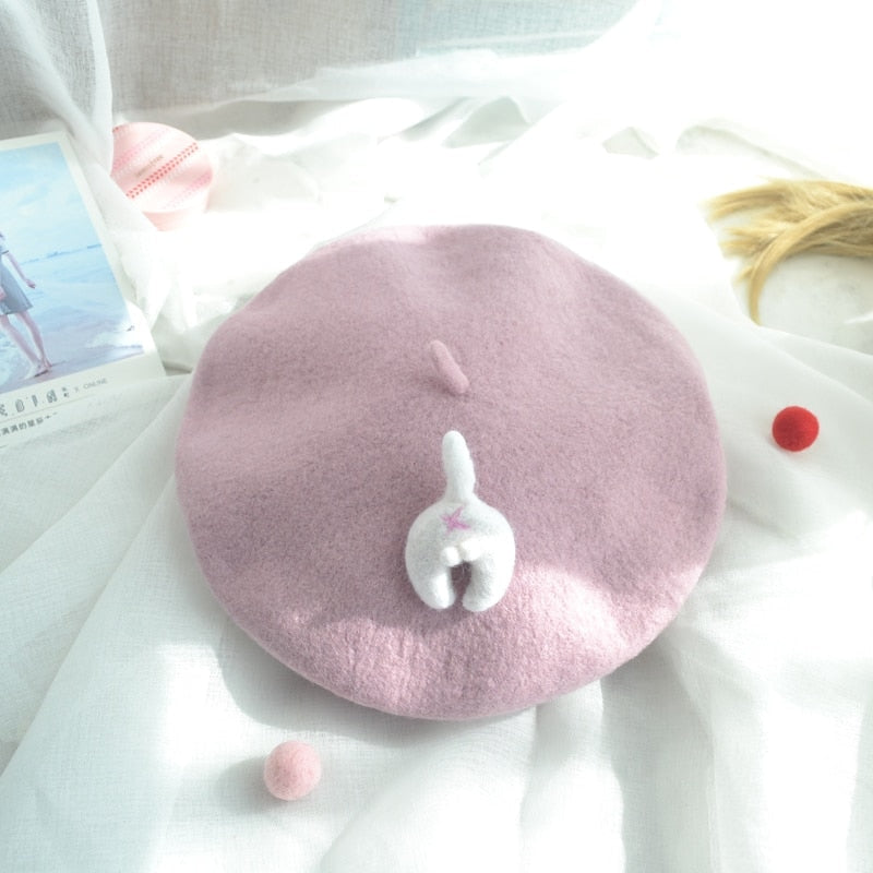 Cute Hat Kawaii Japanese Bunny Ear Beret For Women Y2K Faux Lamb