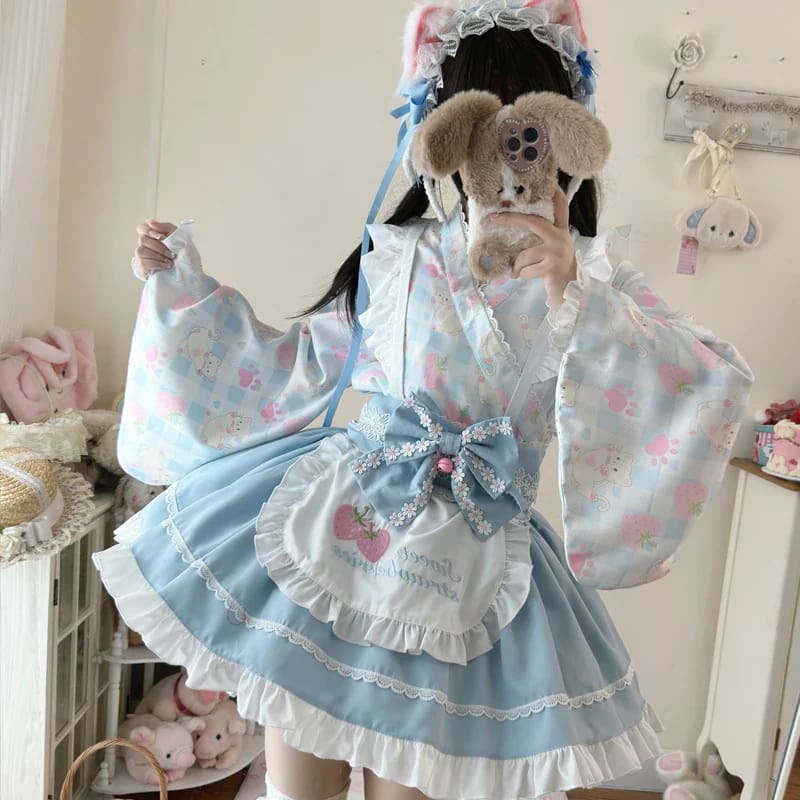 Kawaii cute sweet strawberry kimono dress