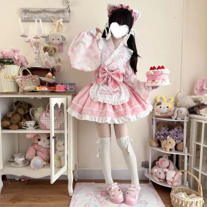 Kawaii Cute Sweet Strawberry Kimono Dress Pink / M