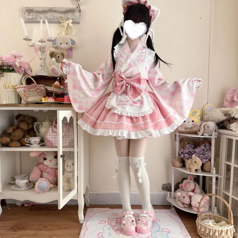 Kawaii cute sweet strawberry kimono dress